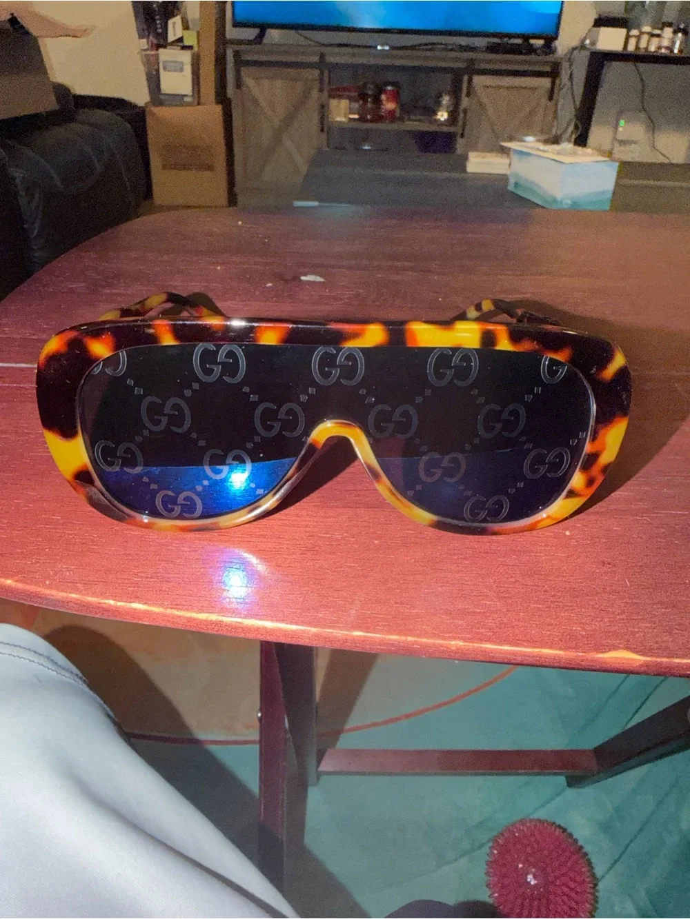 Gucci Tortoiseshell Shield Sunglasses with Black Logo Lenses